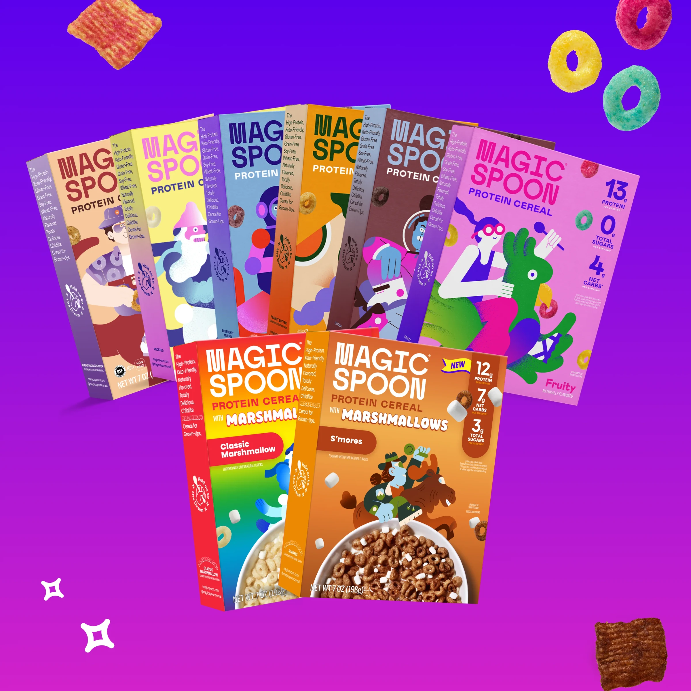 Magic Spoon cereal boxes with colorful cereal pieces on a purple gradient