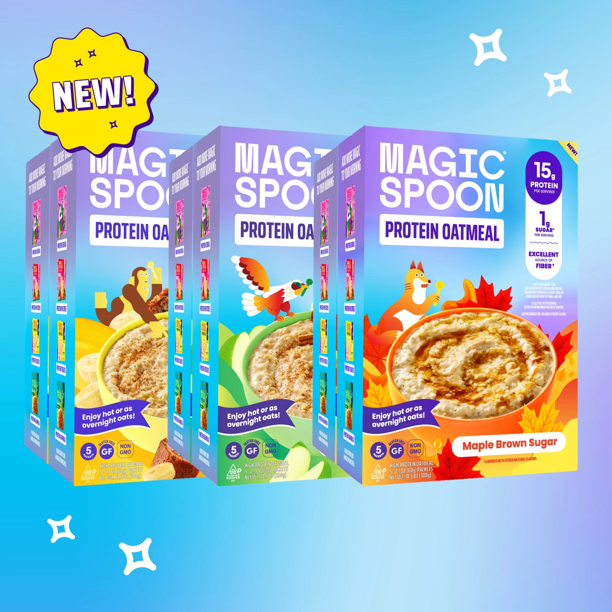 Row of Magic Spoon protein oatmeal boxes on a blue and yellow gradient