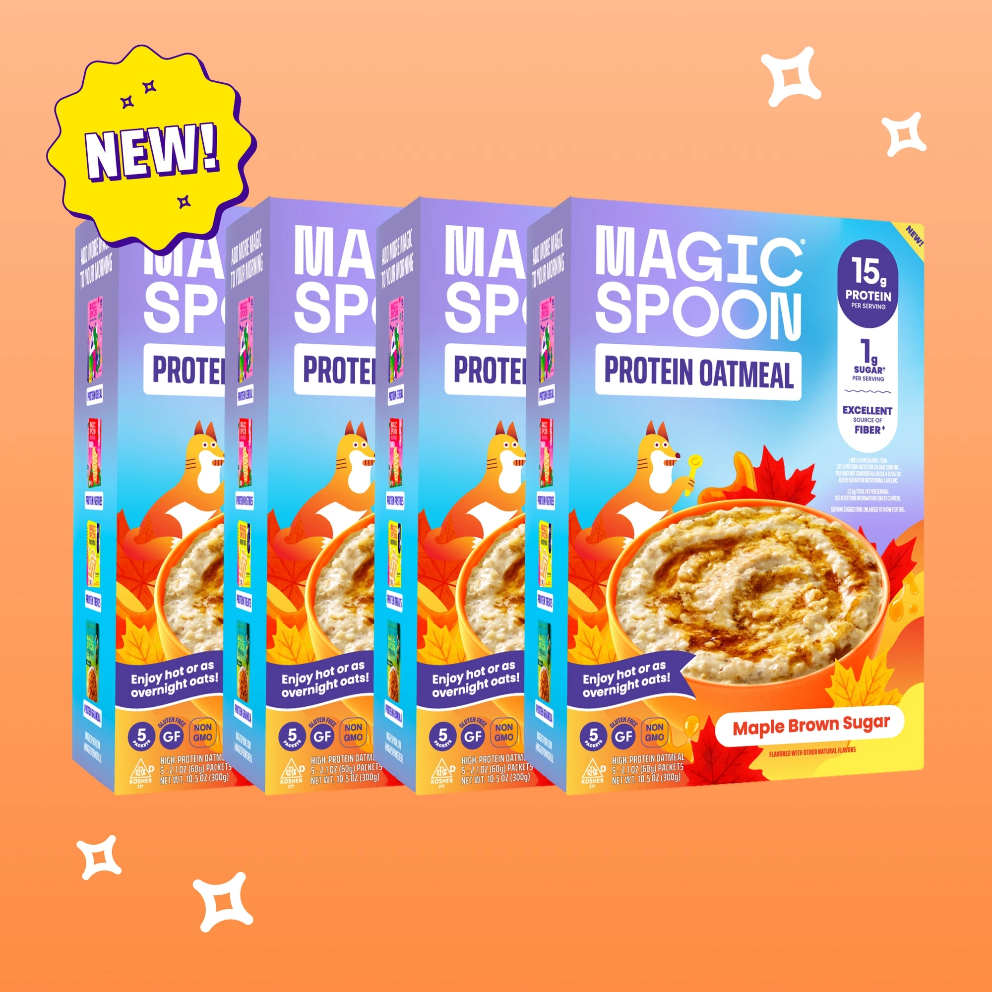Magic Spoon protein oatmeal boxes with a NEW sticker on an orange gradient