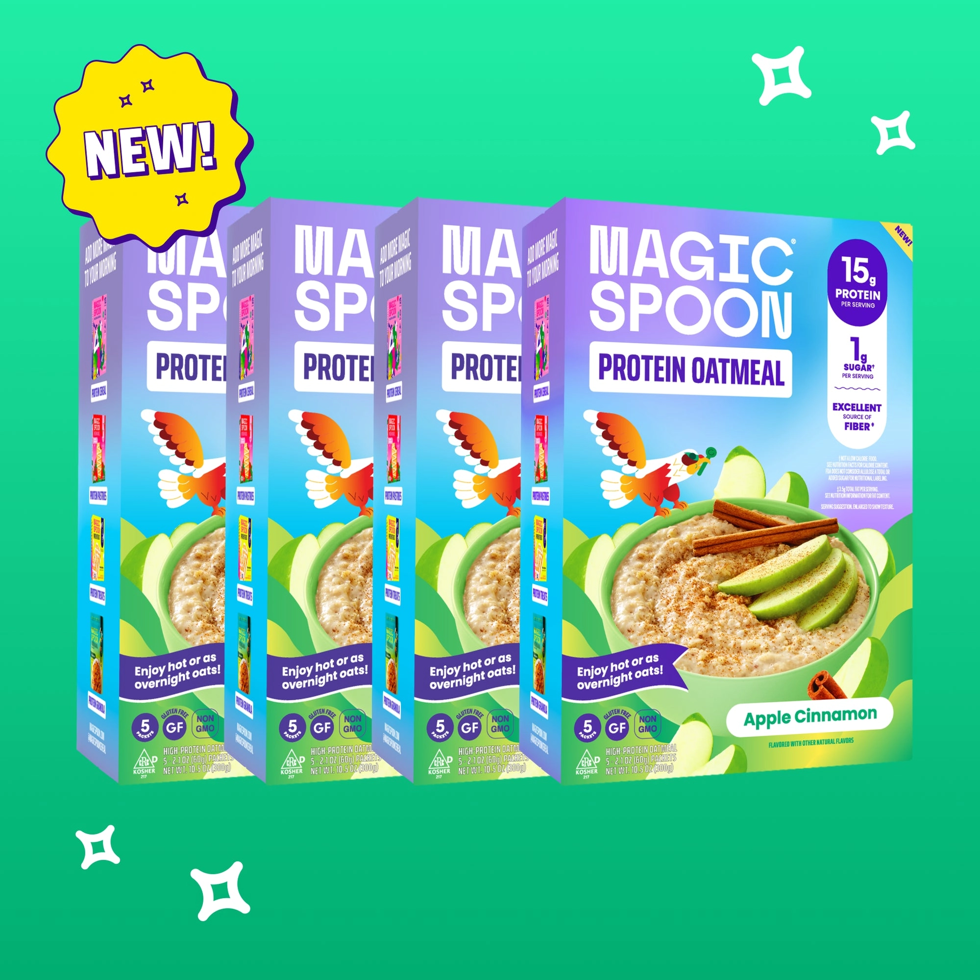 Magic Spoon green oatmeal boxes with a NEW sticker