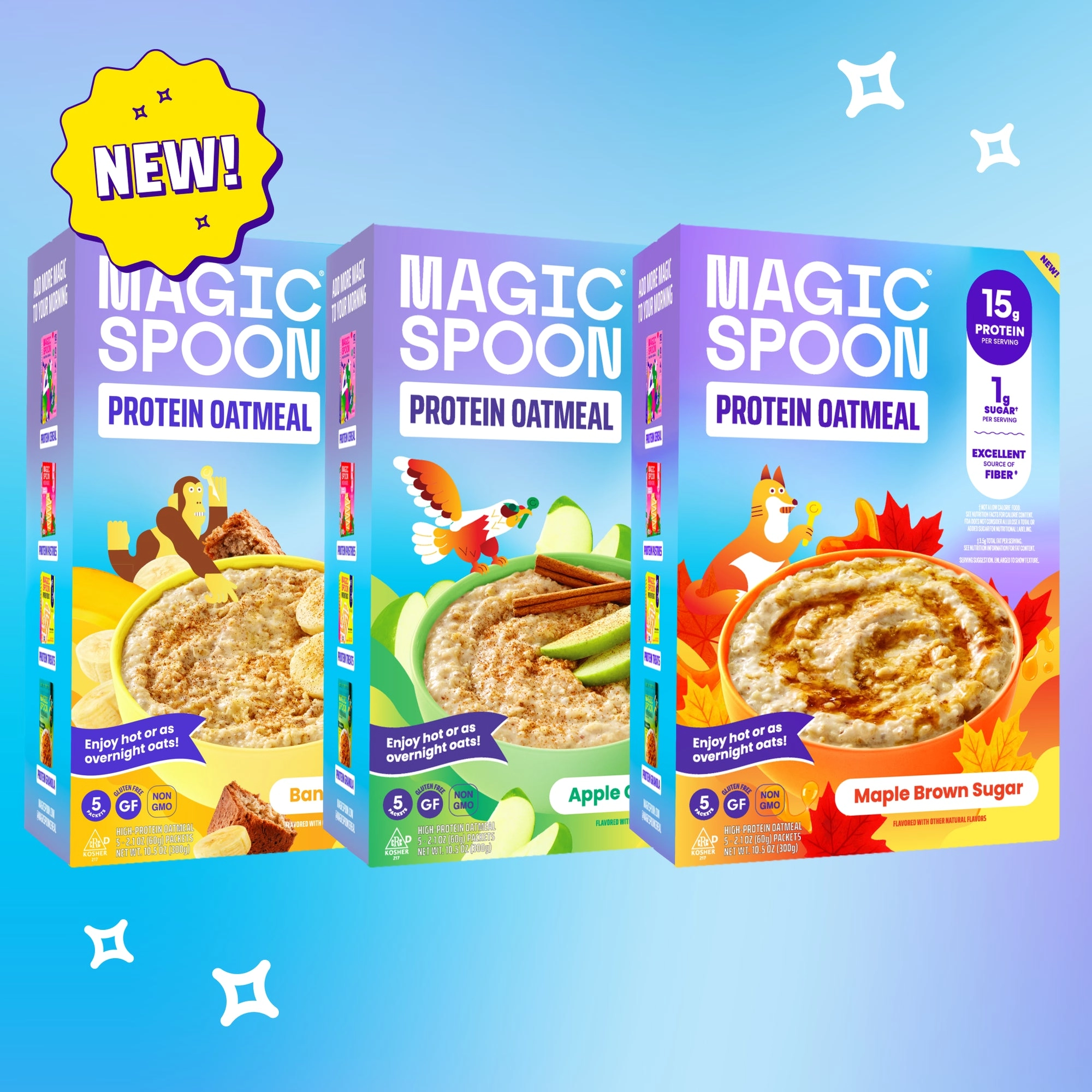 Magic Spoon oatmeal boxes with marshmallow pieces on a blue gradient