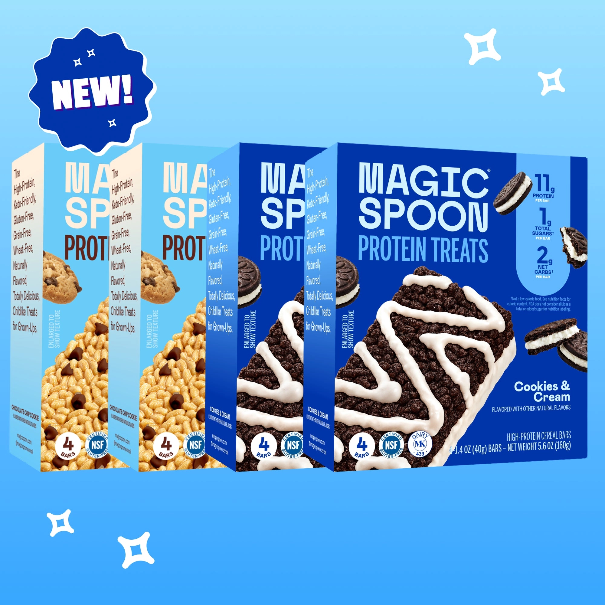 Magic Spoon Cookies & Cream protein treats boxes with a NEW sticker