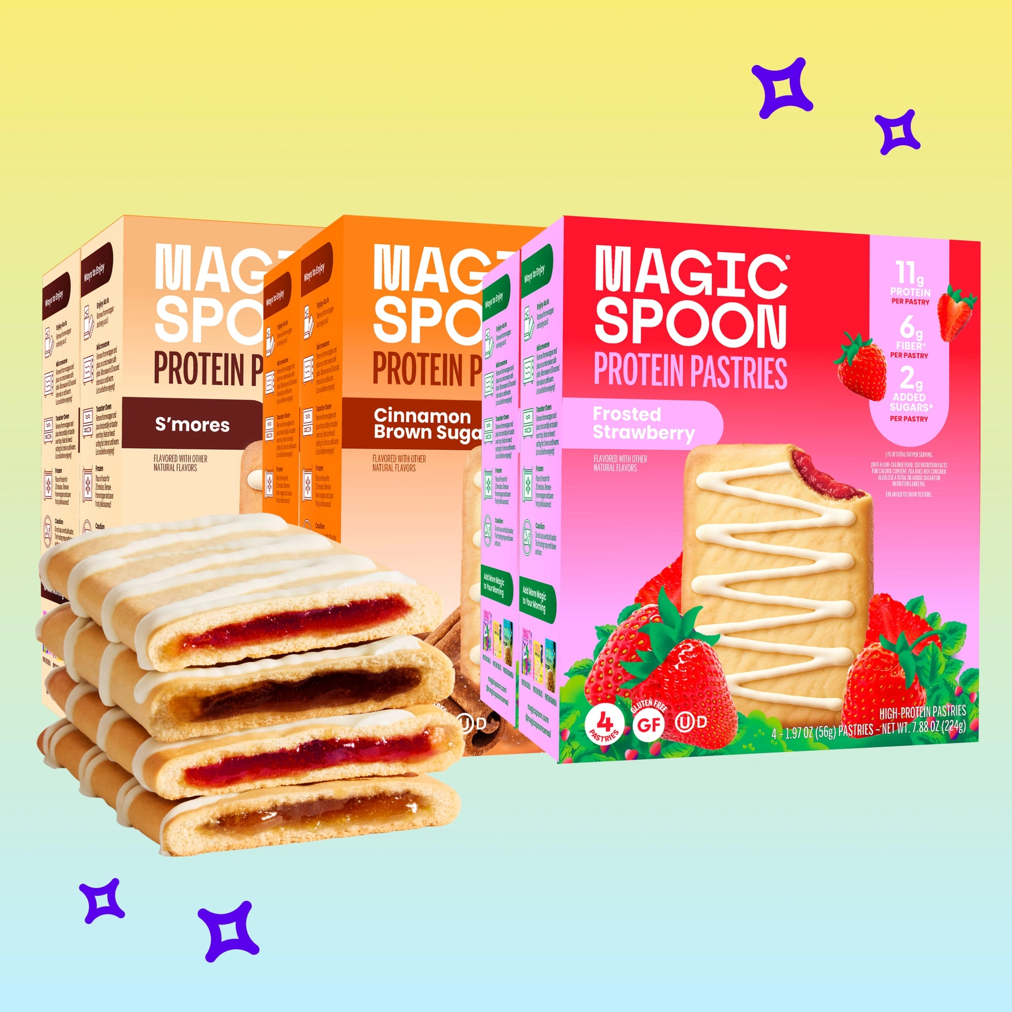 Magic Spoon strawberry protein pastries stacked beside their boxes on a yellow gradient