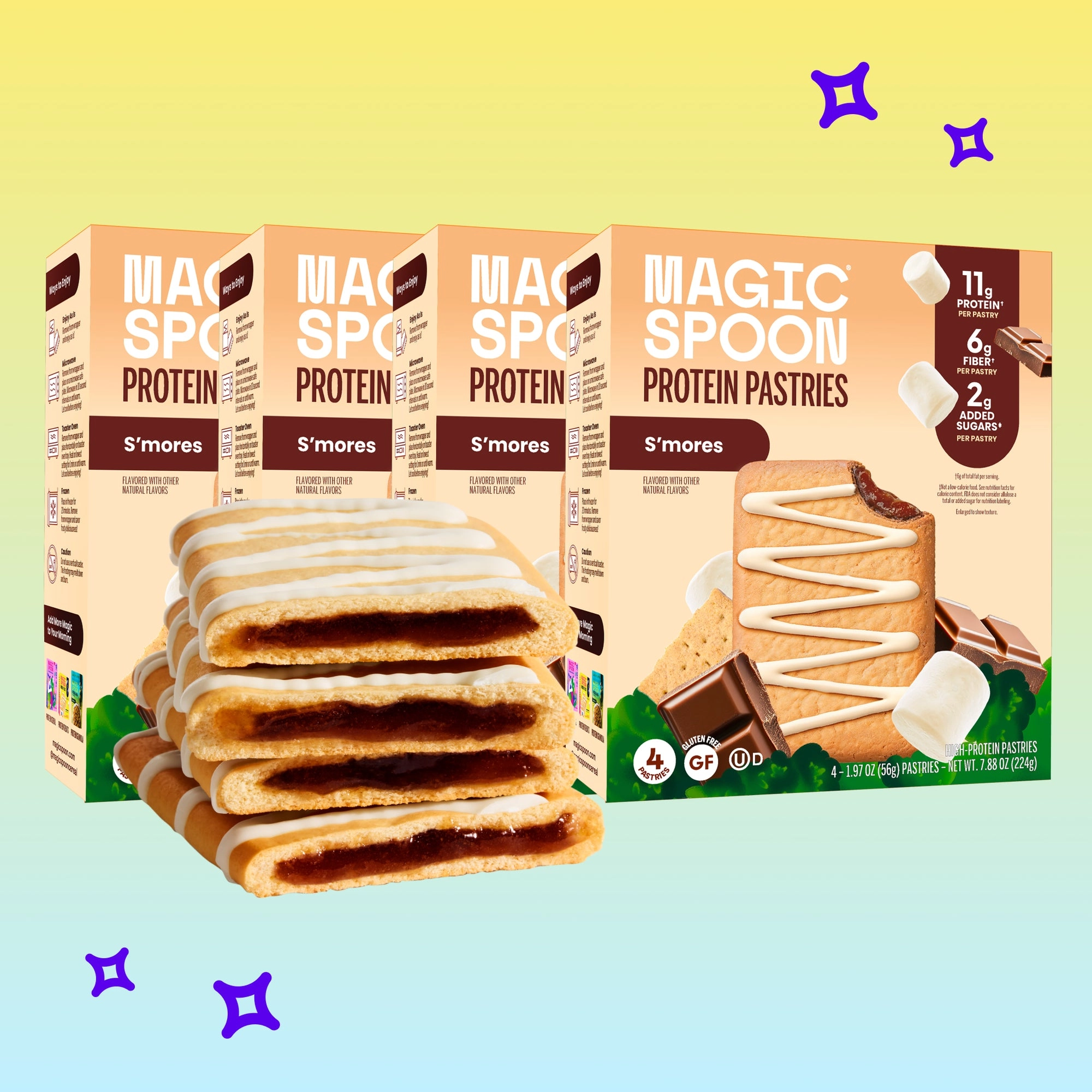 Magic Spoon S'mores protein pastries with chocolate filling and white icing drizzle displayed with product packaging.
