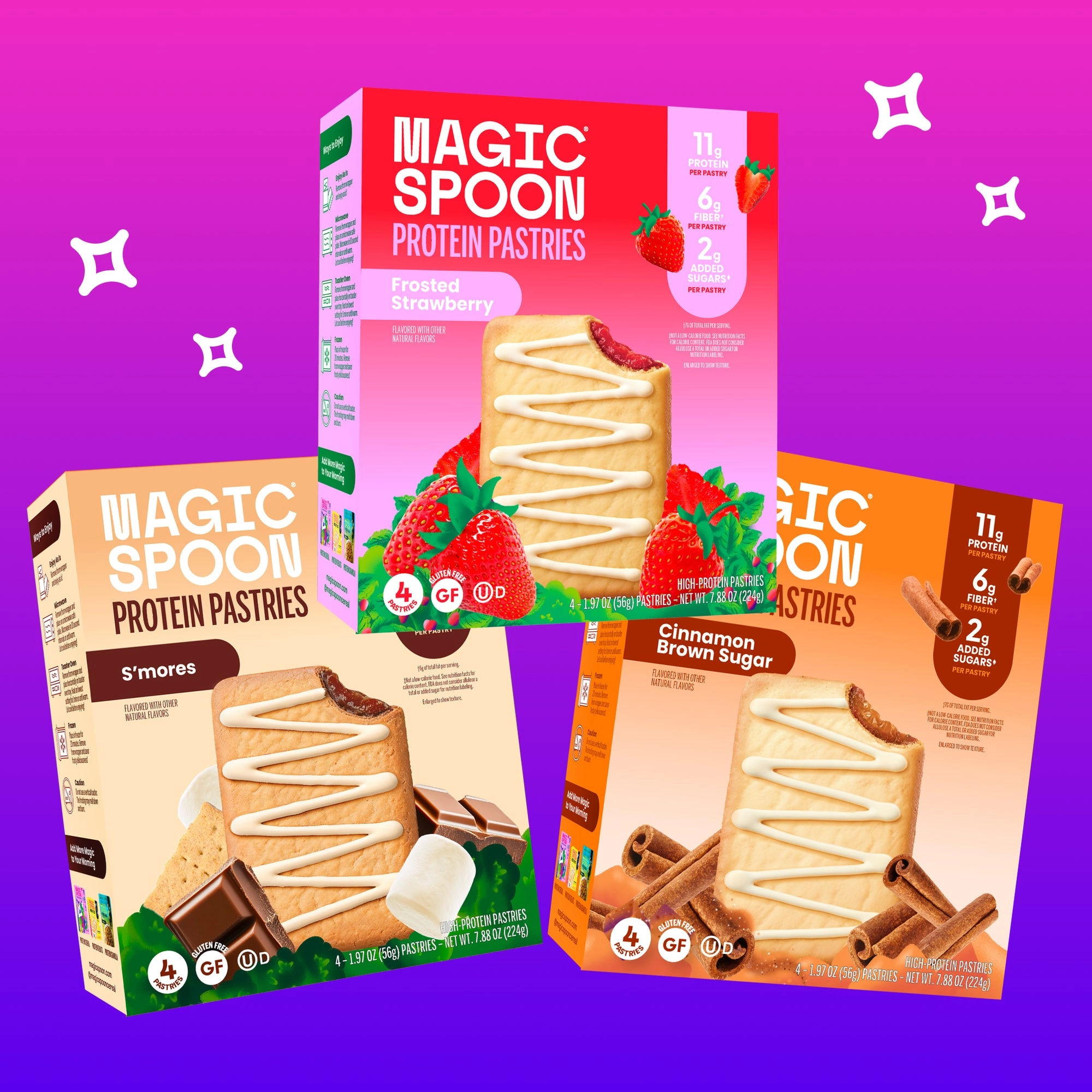 Magic Spoon protein pastries boxes on a purple gradient