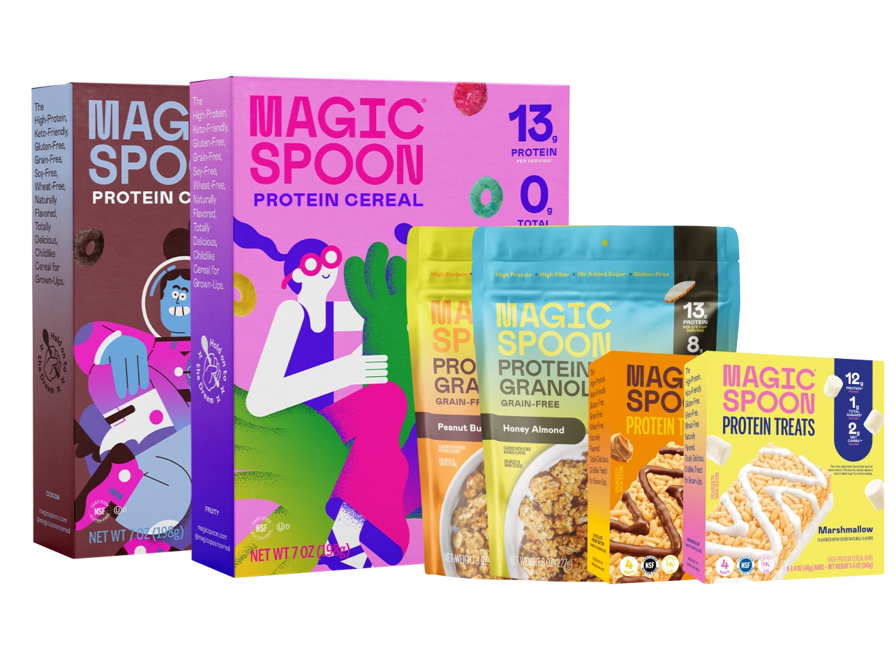 Magic Spoon cereal boxes next to a bowl of cereal