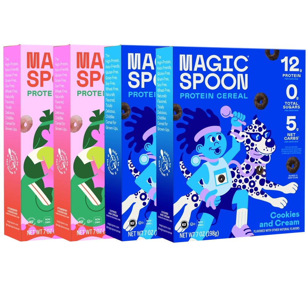 Strawberry Cheesecake and Cookies & Cream cereal boxes